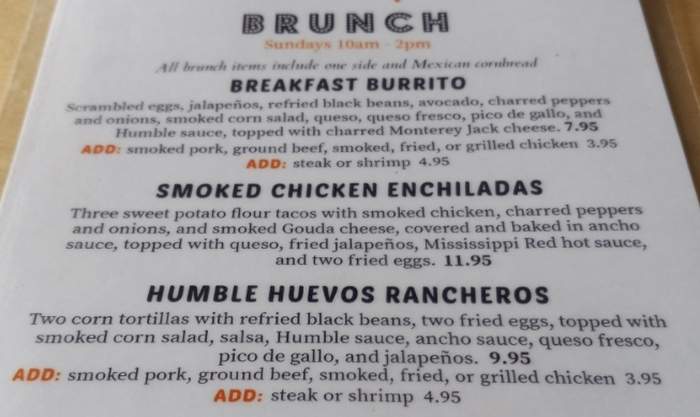 Brunch menu, Humble Taco Starkville, MS