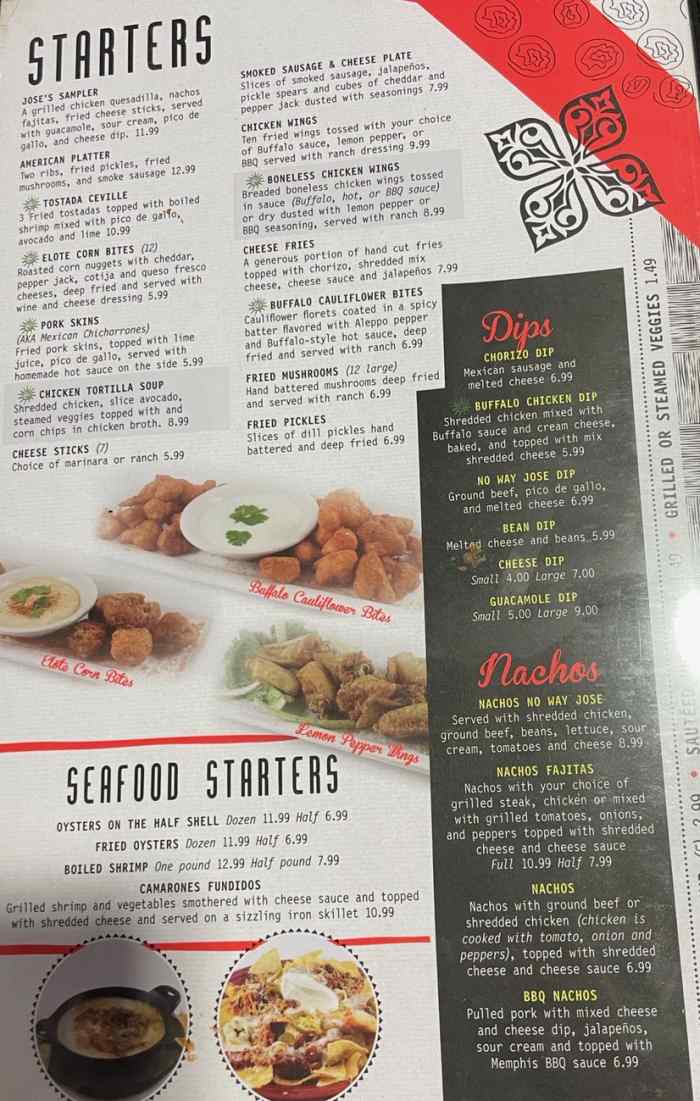 Page 1 of menu, No Way Jose Tex-Mex Starkville, MS