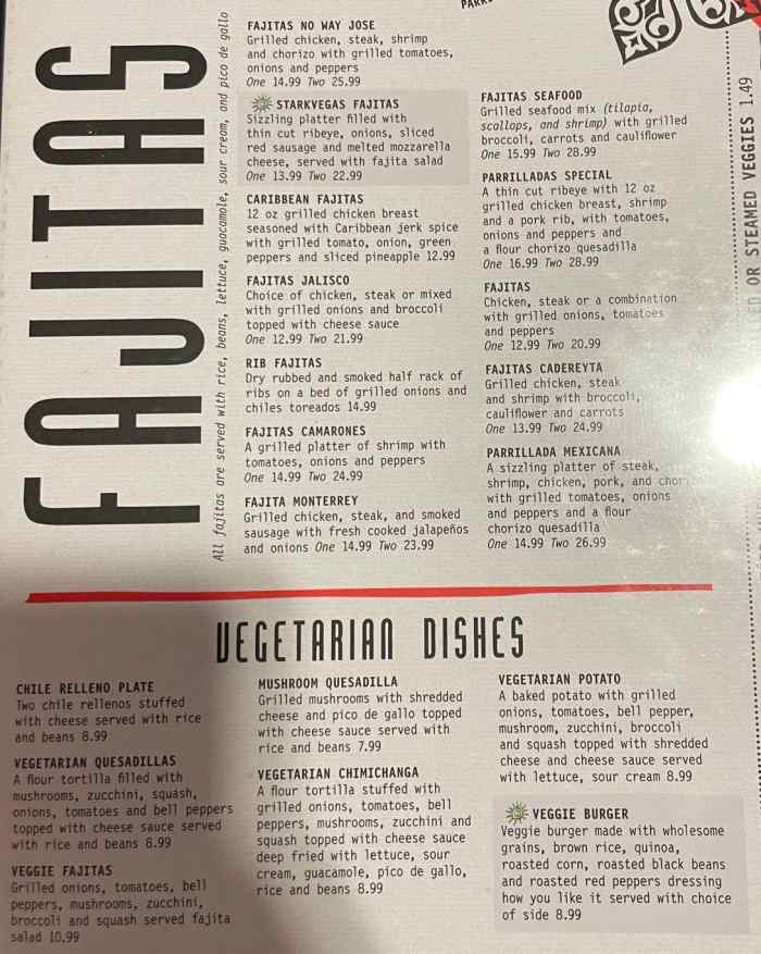Page 2 of menu, No Way Jose Tex-Mex Starkville, MS