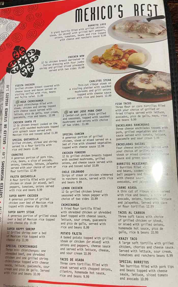 Page 4 of menu, No Way Jose Tex-Mex Starkville, MS