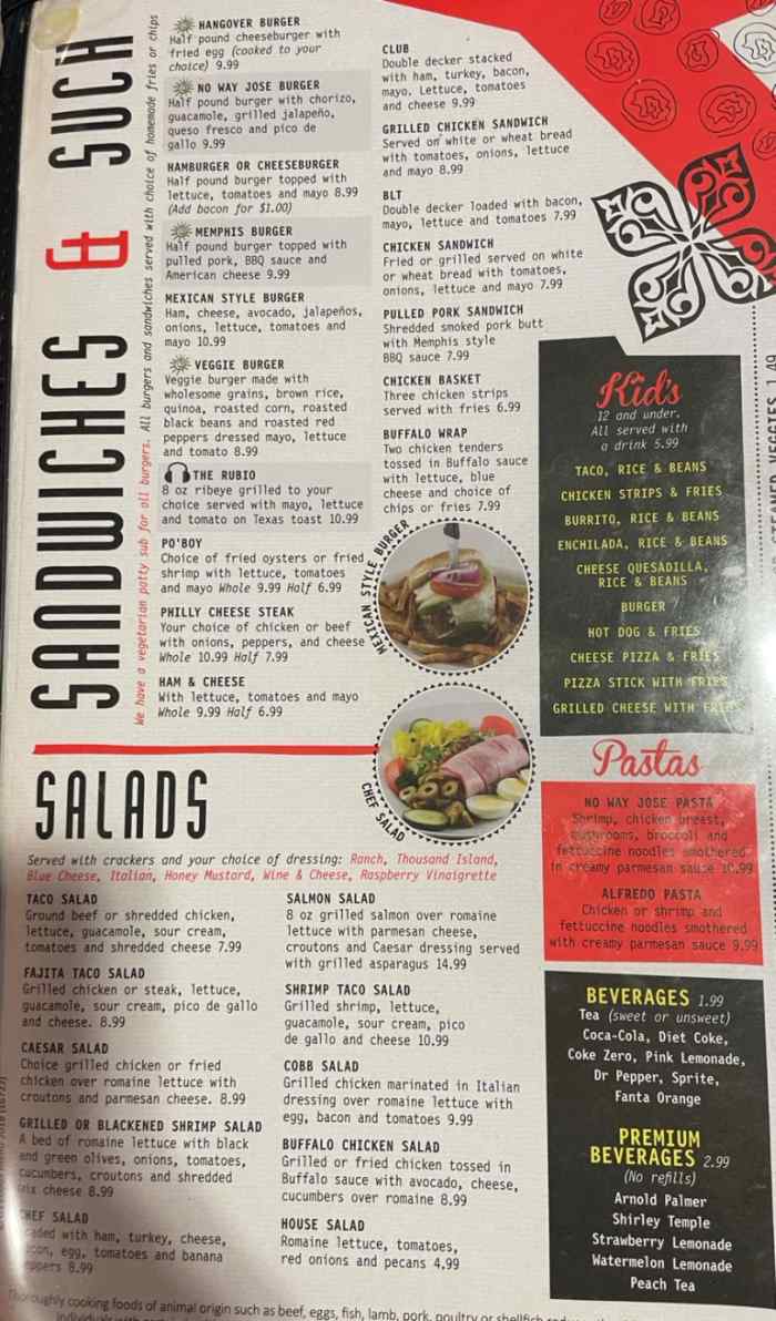 Page 5 of menu, No Way Jose Tex-Mex Starkville, MS