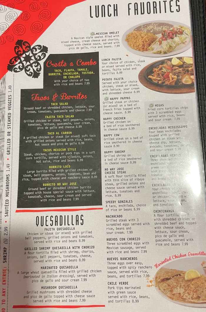 Page 6 of menu, No Way Jose Tex-Mex Starkville, MS