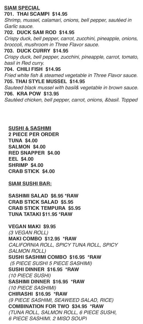 Page 4 of menu, Thai Siam in Starkville, MS